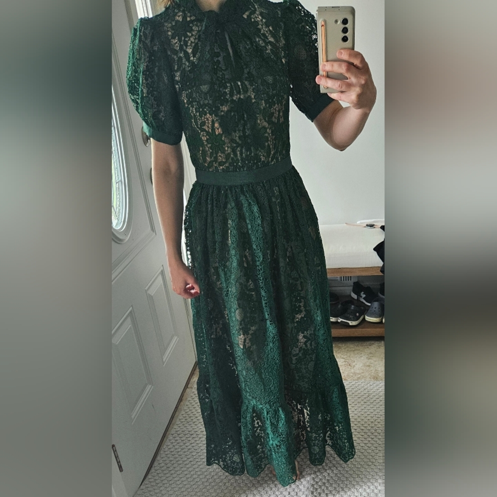 Self Portrait Green guipure lace midi dress